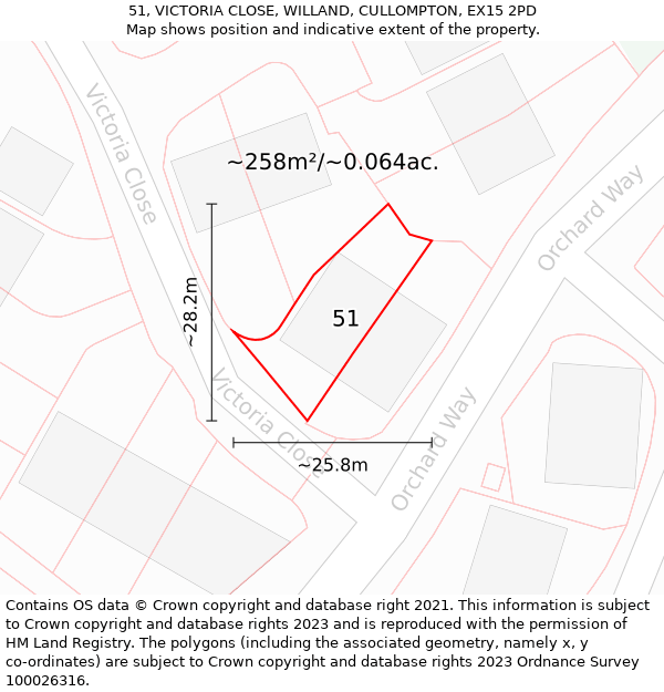 51, VICTORIA CLOSE, WILLAND, CULLOMPTON, EX15 2PD: Plot and title map