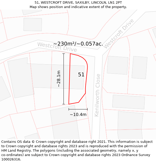 51, WESTCROFT DRIVE, SAXILBY, LINCOLN, LN1 2PT: Plot and title map