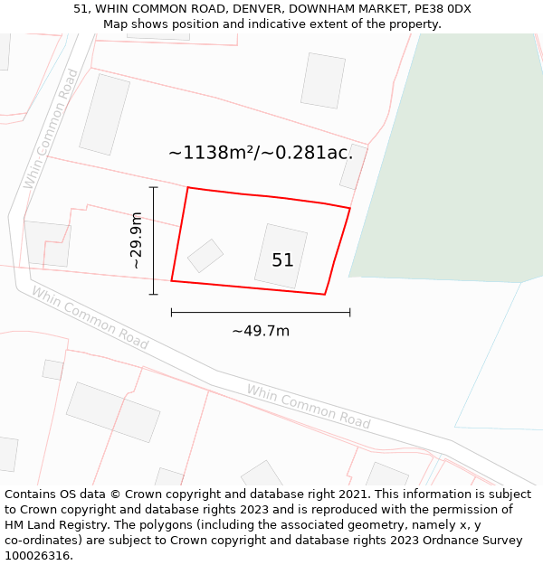 51, WHIN COMMON ROAD, DENVER, DOWNHAM MARKET, PE38 0DX: Plot and title map