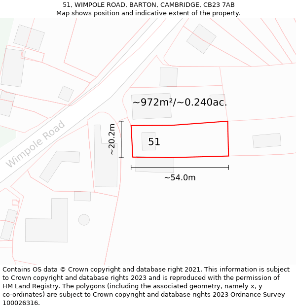 51, WIMPOLE ROAD, BARTON, CAMBRIDGE, CB23 7AB: Plot and title map