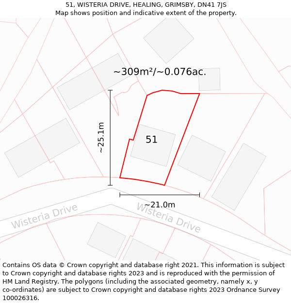 51, WISTERIA DRIVE, HEALING, GRIMSBY, DN41 7JS: Plot and title map