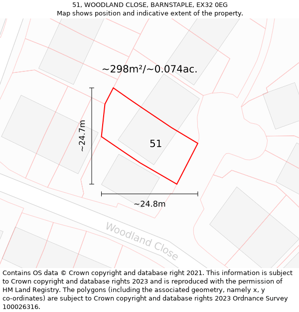 51, WOODLAND CLOSE, BARNSTAPLE, EX32 0EG: Plot and title map