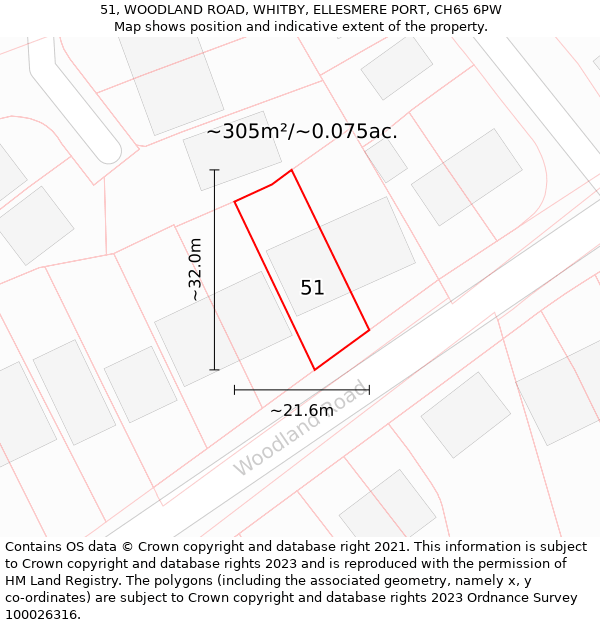 51, WOODLAND ROAD, WHITBY, ELLESMERE PORT, CH65 6PW: Plot and title map