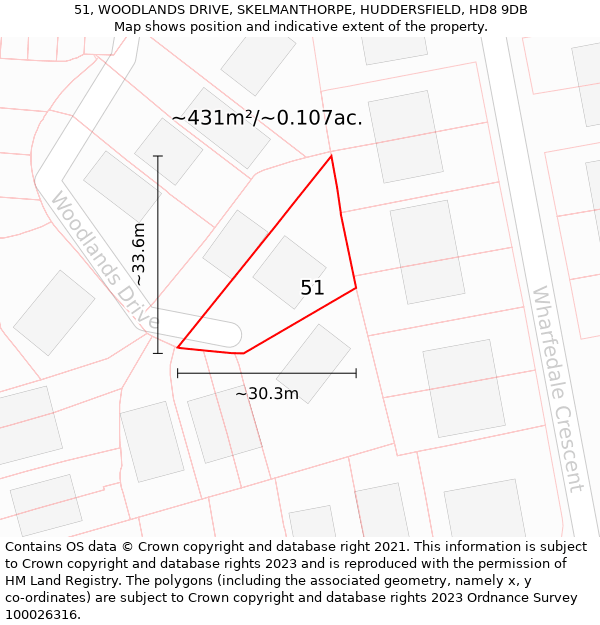 51, WOODLANDS DRIVE, SKELMANTHORPE, HUDDERSFIELD, HD8 9DB: Plot and title map