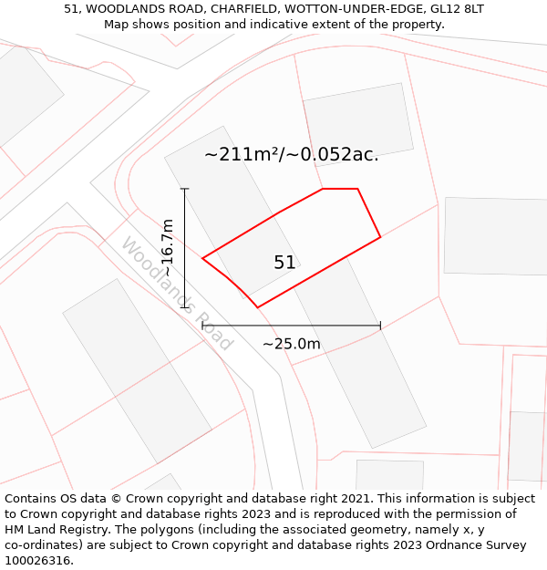 51, WOODLANDS ROAD, CHARFIELD, WOTTON-UNDER-EDGE, GL12 8LT: Plot and title map