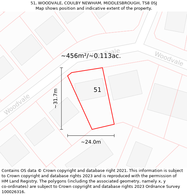 51, WOODVALE, COULBY NEWHAM, MIDDLESBROUGH, TS8 0SJ: Plot and title map