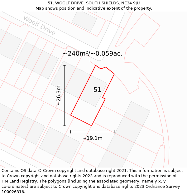 51, WOOLF DRIVE, SOUTH SHIELDS, NE34 9JU: Plot and title map