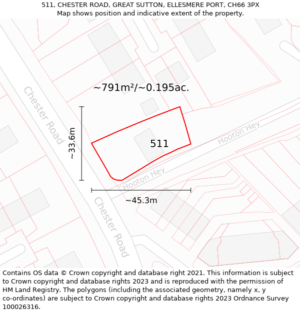 511, CHESTER ROAD, GREAT SUTTON, ELLESMERE PORT, CH66 3PX: Plot and title map