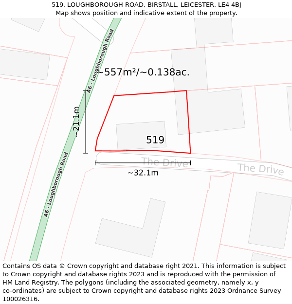 519, LOUGHBOROUGH ROAD, BIRSTALL, LEICESTER, LE4 4BJ: Plot and title map