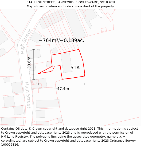 51A, HIGH STREET, LANGFORD, BIGGLESWADE, SG18 9RU: Plot and title map