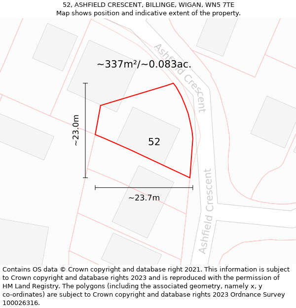 52, ASHFIELD CRESCENT, BILLINGE, WIGAN, WN5 7TE: Plot and title map