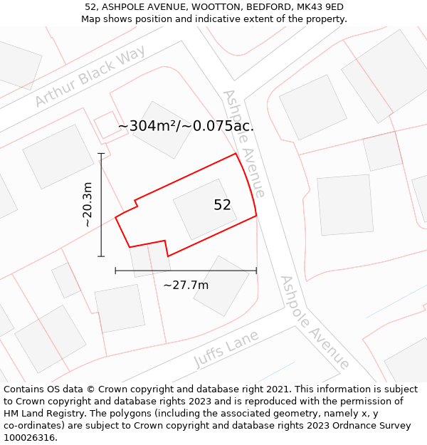 52, ASHPOLE AVENUE, WOOTTON, BEDFORD, MK43 9ED: Plot and title map