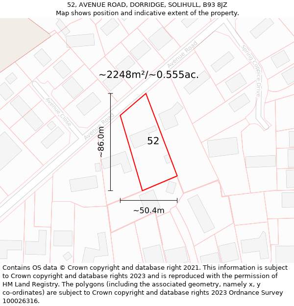 52, AVENUE ROAD, DORRIDGE, SOLIHULL, B93 8JZ: Plot and title map