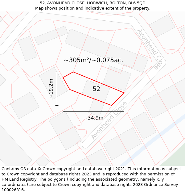 52, AVONHEAD CLOSE, HORWICH, BOLTON, BL6 5QD: Plot and title map