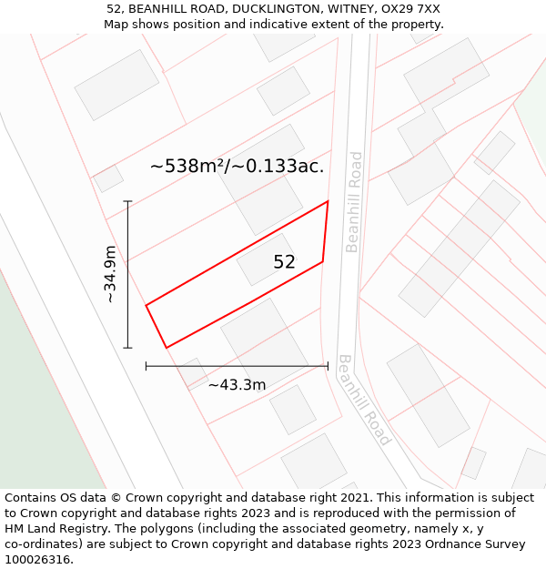 52, BEANHILL ROAD, DUCKLINGTON, WITNEY, OX29 7XX: Plot and title map