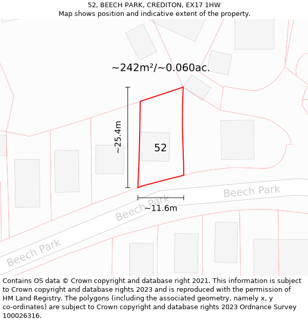 52, BEECH PARK, CREDITON, EX17 1HW: Plot and title map