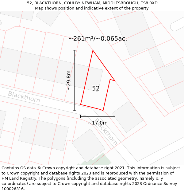 52, BLACKTHORN, COULBY NEWHAM, MIDDLESBROUGH, TS8 0XD: Plot and title map