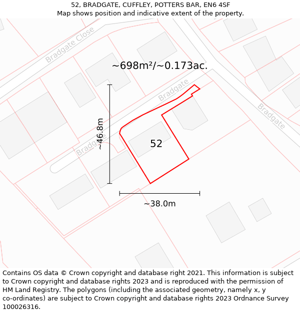 52, BRADGATE, CUFFLEY, POTTERS BAR, EN6 4SF: Plot and title map