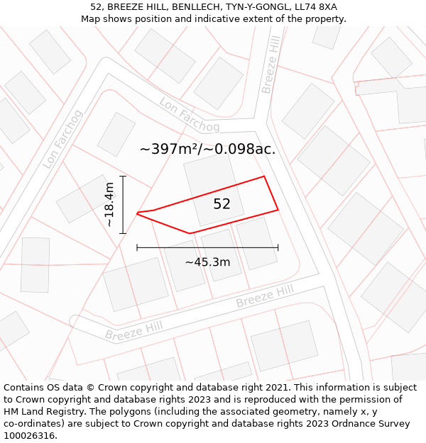 52, BREEZE HILL, BENLLECH, TYN-Y-GONGL, LL74 8XA: Plot and title map