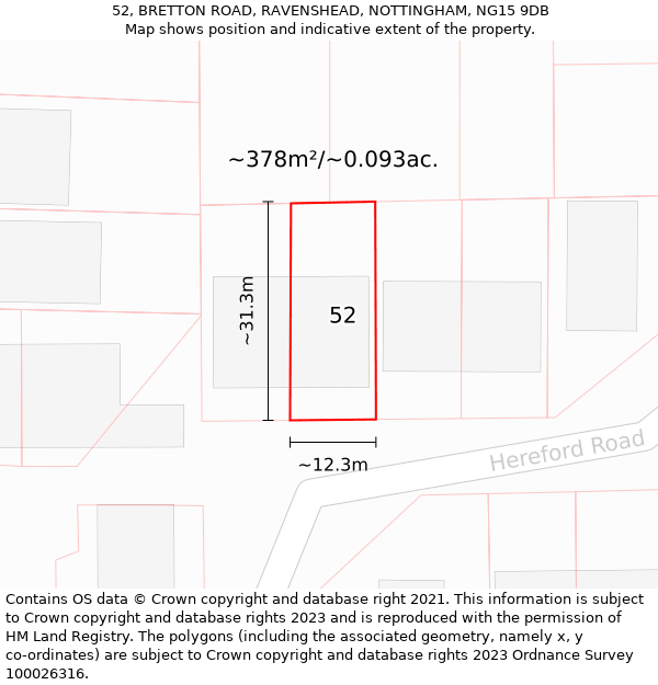 52, BRETTON ROAD, RAVENSHEAD, NOTTINGHAM, NG15 9DB: Plot and title map