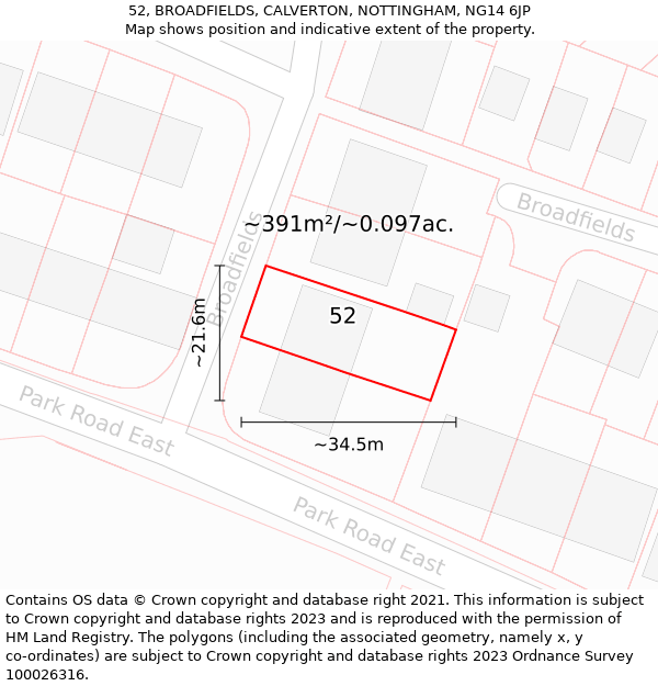 52, BROADFIELDS, CALVERTON, NOTTINGHAM, NG14 6JP: Plot and title map