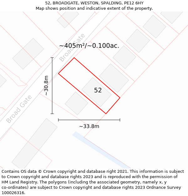 52, BROADGATE, WESTON, SPALDING, PE12 6HY: Plot and title map