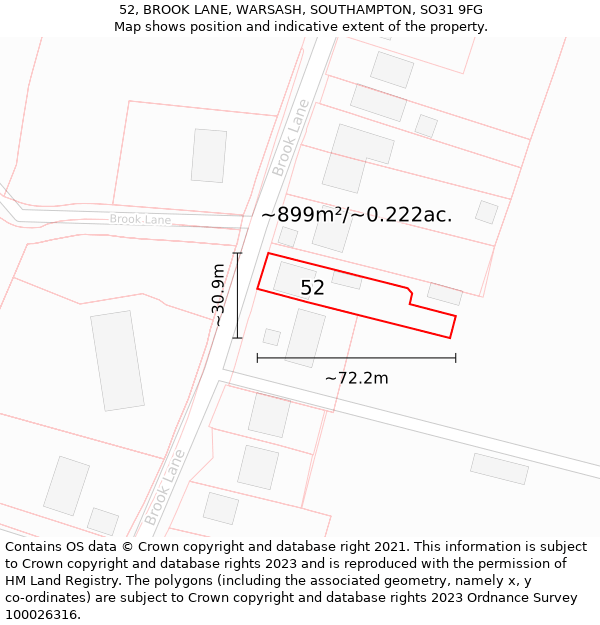 52, BROOK LANE, WARSASH, SOUTHAMPTON, SO31 9FG: Plot and title map