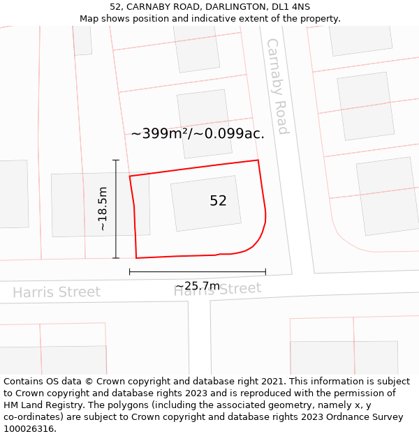 52, CARNABY ROAD, DARLINGTON, DL1 4NS: Plot and title map