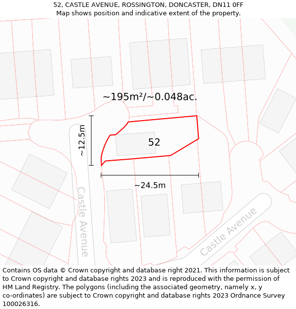 52, CASTLE AVENUE, ROSSINGTON, DONCASTER, DN11 0FF: Plot and title map