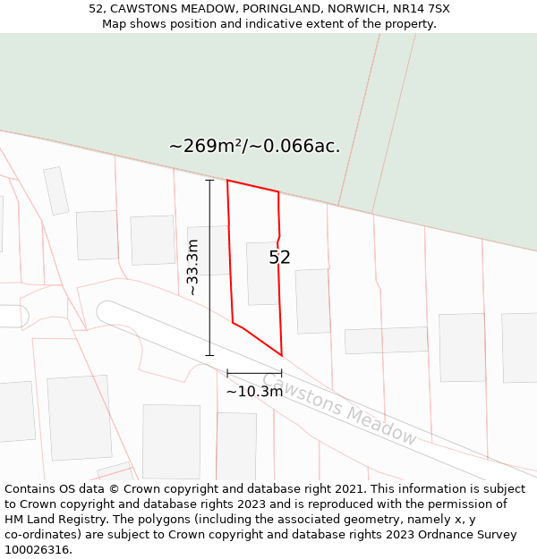 52, CAWSTONS MEADOW, PORINGLAND, NORWICH, NR14 7SX: Plot and title map