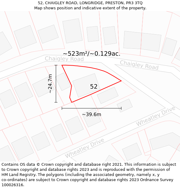 52, CHAIGLEY ROAD, LONGRIDGE, PRESTON, PR3 3TQ: Plot and title map