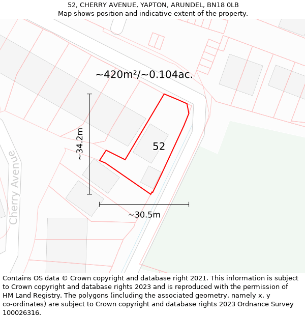 52, CHERRY AVENUE, YAPTON, ARUNDEL, BN18 0LB: Plot and title map