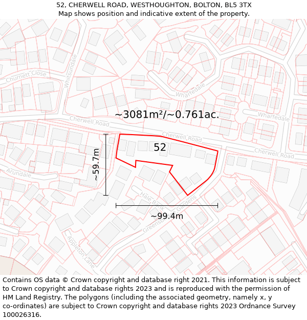 52, CHERWELL ROAD, WESTHOUGHTON, BOLTON, BL5 3TX: Plot and title map