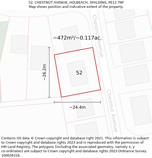 52, CHESTNUT AVENUE, HOLBEACH, SPALDING, PE12 7NF: Plot and title map