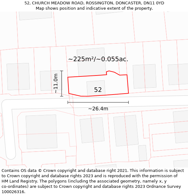 52, CHURCH MEADOW ROAD, ROSSINGTON, DONCASTER, DN11 0YD: Plot and title map