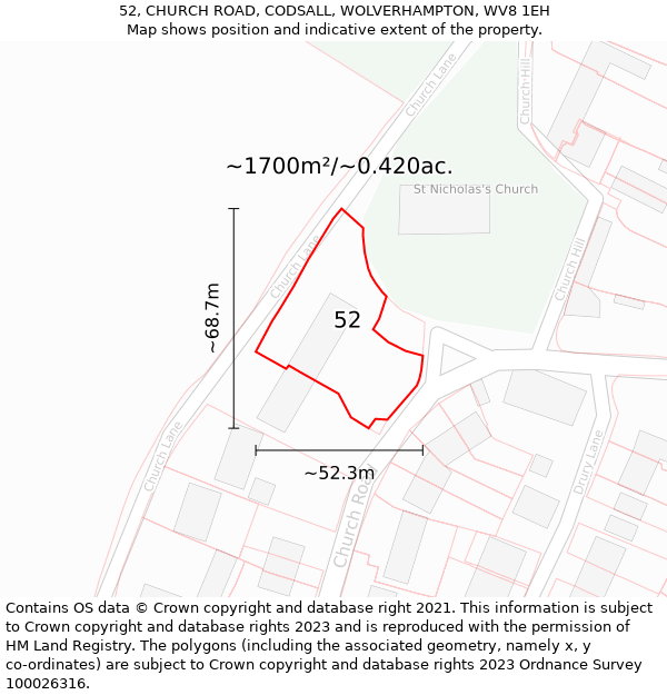 52, CHURCH ROAD, CODSALL, WOLVERHAMPTON, WV8 1EH: Plot and title map