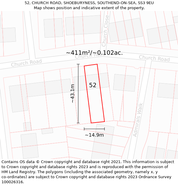 52, CHURCH ROAD, SHOEBURYNESS, SOUTHEND-ON-SEA, SS3 9EU: Plot and title map