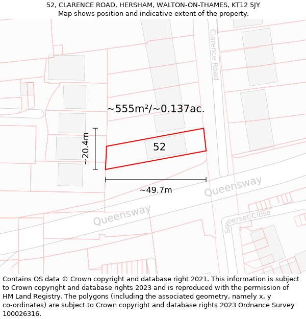 52, CLARENCE ROAD, HERSHAM, WALTON-ON-THAMES, KT12 5JY: Plot and title map