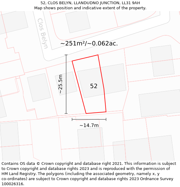 52, CLOS BELYN, LLANDUDNO JUNCTION, LL31 9AH: Plot and title map