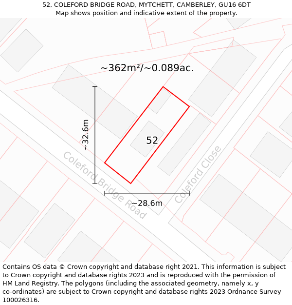 52, COLEFORD BRIDGE ROAD, MYTCHETT, CAMBERLEY, GU16 6DT: Plot and title map