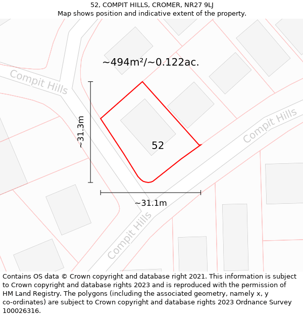 52, COMPIT HILLS, CROMER, NR27 9LJ: Plot and title map