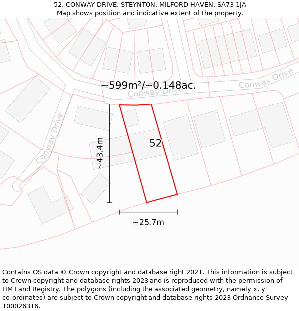 52, CONWAY DRIVE, STEYNTON, MILFORD HAVEN, SA73 1JA: Plot and title map