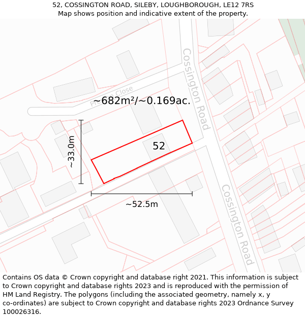 52, COSSINGTON ROAD, SILEBY, LOUGHBOROUGH, LE12 7RS: Plot and title map