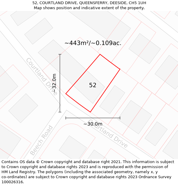 52, COURTLAND DRIVE, QUEENSFERRY, DEESIDE, CH5 1UH: Plot and title map