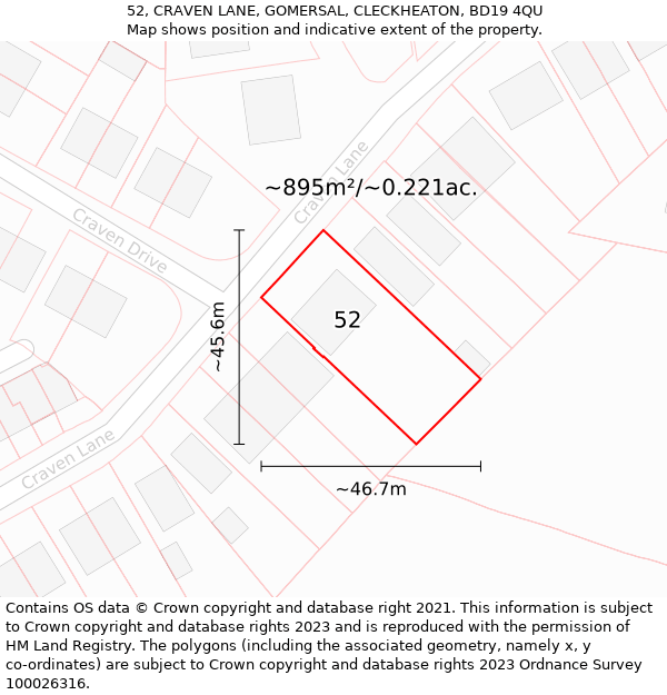 52, CRAVEN LANE, GOMERSAL, CLECKHEATON, BD19 4QU: Plot and title map