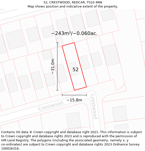 52, CRESTWOOD, REDCAR, TS10 4NN: Plot and title map