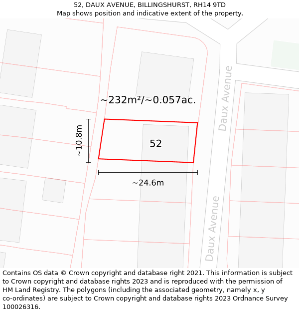 52, DAUX AVENUE, BILLINGSHURST, RH14 9TD: Plot and title map