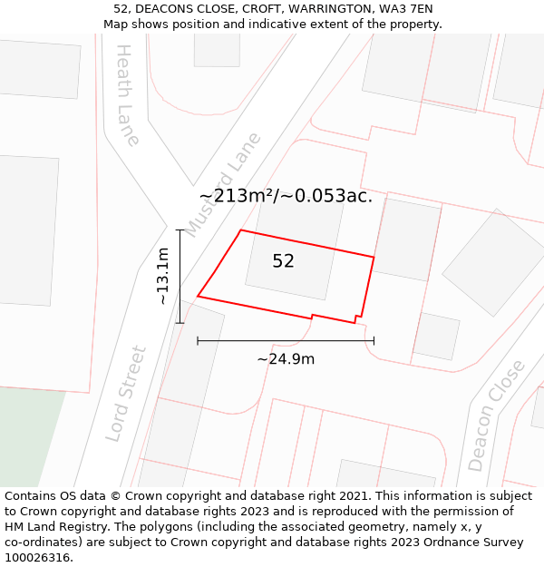 52, DEACONS CLOSE, CROFT, WARRINGTON, WA3 7EN: Plot and title map