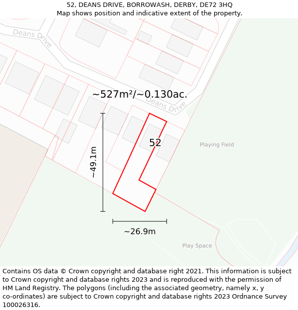 52, DEANS DRIVE, BORROWASH, DERBY, DE72 3HQ: Plot and title map