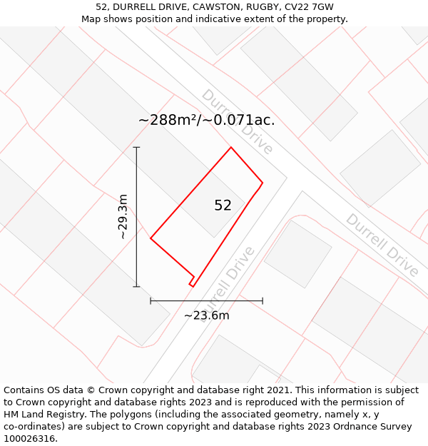 52, DURRELL DRIVE, CAWSTON, RUGBY, CV22 7GW: Plot and title map